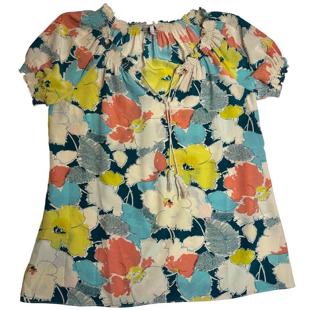 Joie Silk Blouse Womens Multicolor Excellent Floral Puff Sleeve Tassel S